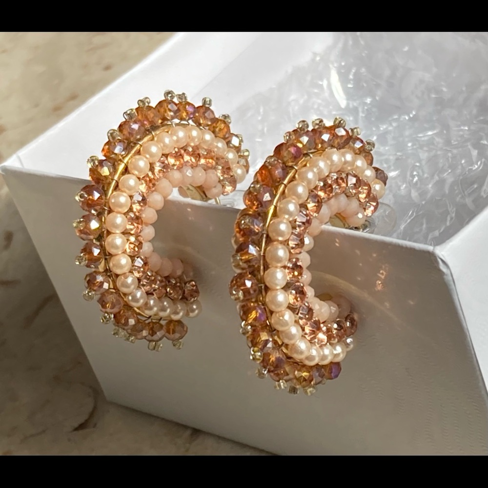 MIGNONNE GAVIGAN Signed Rose Gold, Crystal & Faux Pearl Hoop Earrings